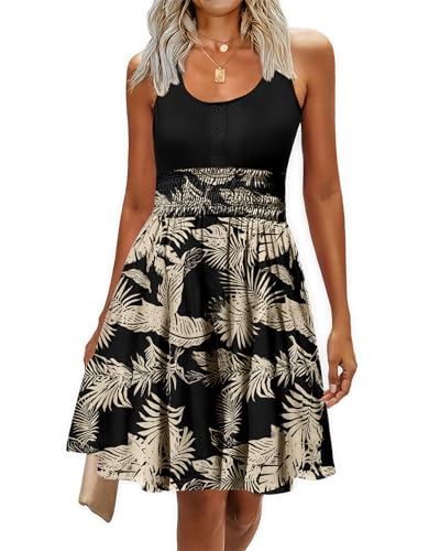 Image of Summer Dresses for Women Casual Sleeveless Sundresses Elastic Waist Mini Sun Dress