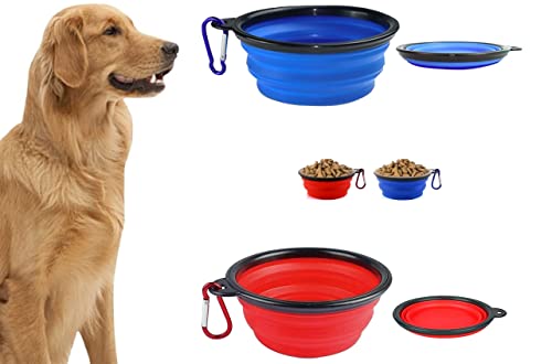 Pack of 2 Collapsible Compact Dog Bowls 650ml each - Portable Travel Food Bowls for Pets Dogs and Cats - Silicone Foldable Space Saving Feeding Bowls