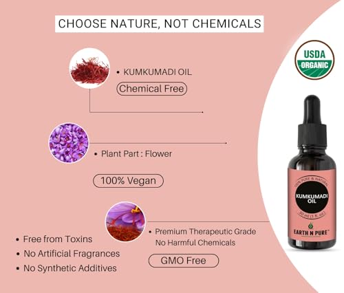 Image of Earth N Pure Kumkumadi Oil for Face Glow & Skin Care - 100% Pure Oil for Even Skin Tone & Radiant Skin - Ayurvedic Kumkumadi Tailam - 15ml