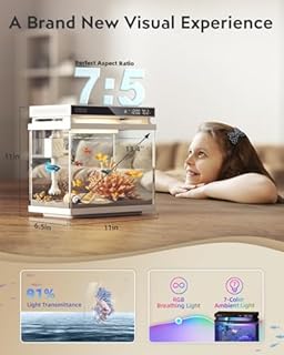 Fish Tank Smart Aquarium Kit: 2 Gallon UHD Glass Silent Water Pump Self Cleaning Multi-Layer Filtration System - Temperature Sensing 7-Color Lighting for Small Fish Betta Room Desktop Decor White