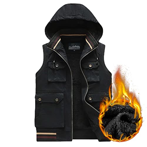 Men's Winter Cargo Vest Fleece Lined Full Zipper Sleeveless Hooded Jackets Multi Pockets Casual Slim Warm Outdoor Waistcoat #TOP1