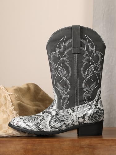Image of Python Manning Men's Boots Cowboy for Men Classic Pointed Toe Western Pull Up Snakeskin Embroidered Mid-Calf Boots