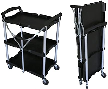 bimiti 3-Tier Utility Service Cart Folding Trolley Cart Heavy Duty Tool Storage Trolley with Lockable Universal Wheels and Handles for Garage Warehouse Workshop Kitchen Home Office Black