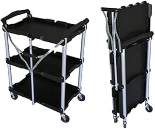 bimiti 3-Tier Utility Service Cart Folding Trolley Cart Heavy Duty Tool Storage Trolley with Lockable Universal Wheels and Handles for Garage Warehouse Workshop Kitchen Home Office Black
