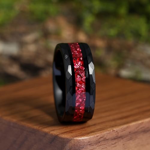 Ruby 8mm Black Gold or Rose Gold Plated Tungsten Wedding Bands Ring with Morganite/Sandstone/Moss Agate/Opal/Wood Option - Unique Gothic Daily Wear Promise Rings for Him and Her Size 7-143