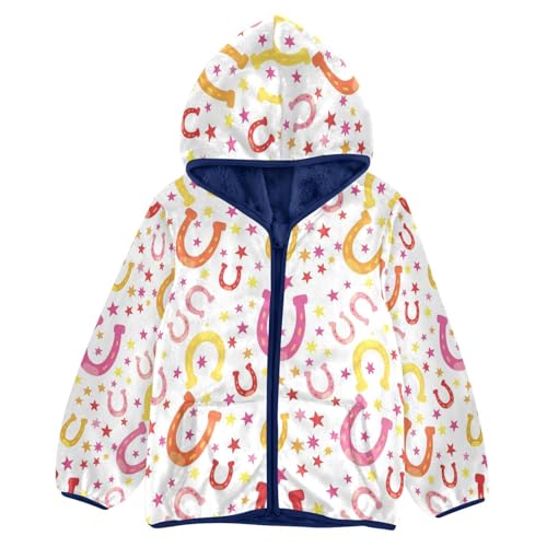 Colorful Horseshoes and Stars Toddler Fleece Jacket Girl Boys Hooded Fleece Jacket Coat Warm Outwear Zip-up 3-10T