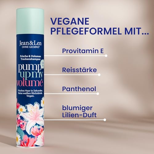 Jean & Len Trockenshampoo Frische & Volumen, kein fettiger Ansatz, keine weißen Rückstände, duftet blumig frisch nach Lilie, für feines Haar ohne Volumen, ohne Parabene & Silikone, vegan, 200 ml