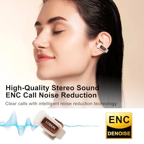 LOBKIN Open Ear Earbuds Clip On Headphones Wireless Bluetooth 5.4 Adaptive Comfortable Clip On Ear Buds with Mic,4GB Storage Lightweight IPX5 Waterproof LED Touchscreen Display Fit Sports(White) — view 3