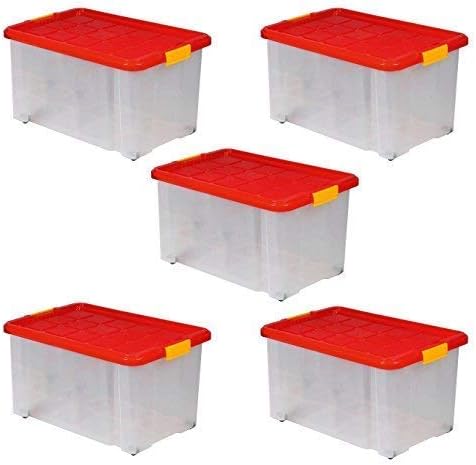 Artecsis 5 x Storage boxes with lid, 60 x 40 x 30 cm, plastic, with wheels, stackable, capacity 55 litres