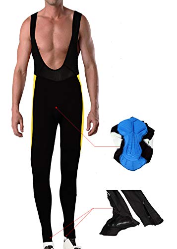Men's 3D Gel Padded Elite Design Winter Thermal Cycling Bib Tights Pants Black-Yellow #TOP5