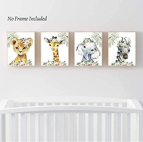 Animal Pictures Wall Art，Elephant Flower Woodland Crown Animals Adorable Art Print Set Of 4 (8”X10”)- No Frame，Wall Art Poster For Nursery Baby Kids Room Home Decor, #TOP3