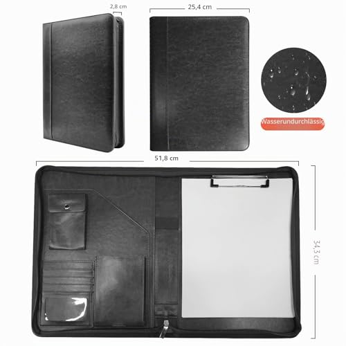 NEWYES NY-A403-BL-EU Konferenzmappe aus Leder, mit Reißverschluss, A4, Reisedokumentenmappe, Portfolio-Reisetasche, persönlicher Agenda-Organizer, 33,5 cm x 25 cm x 3,5 cm, Schwarz-Weiß