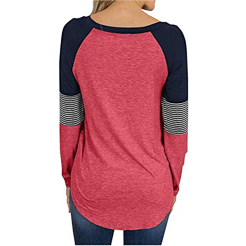Women's Color Block Crew Neck Tunic Tops Casual Long Sleeve Pullover Shirt Blouse Red