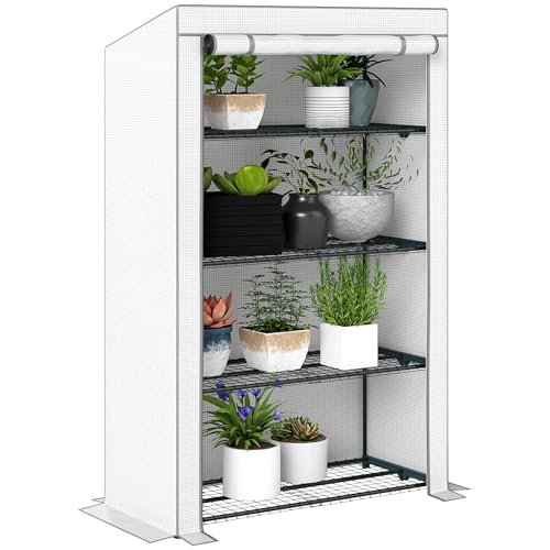 Outsunny 4 Tier Lean-to Mini Greenhouse with Reinforced PE Cover, Portable Small Greenhouse with Roll-Up Door, Grey Hemmed Edging, 110 x 50 x 171cm, Grey