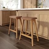 Plank+Beam Beryl Counter Height Stool - Mid-Century Modern Rubberwood Bar Stool with Faux Leather Seat, Metal Footrest, Easy Assembly, 2-Pack, Pecan/Toffee