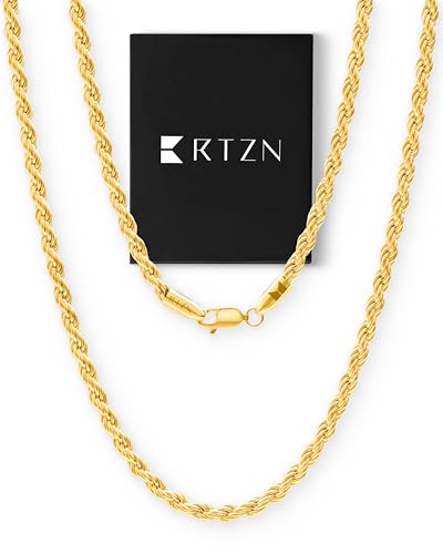 RTZN® Gold Plated Rope Chain for Men – 3mm Mens Rope Chain Necklaces – Diamond-Cut Gold Plated Stainless Steel Necklace for Men - Non-Tarnish & Waterproof Men’s Jewelry Chains (22