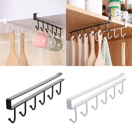 Image of Under Cabinet Mug Holder 6 Hooks Metal Under Shelf Cup Rack, Kitchen Utensil Hanger, Coffee Mug Stand Kitchen Utensil Ties Belts Scarf Hanging Rack (Black Color).
