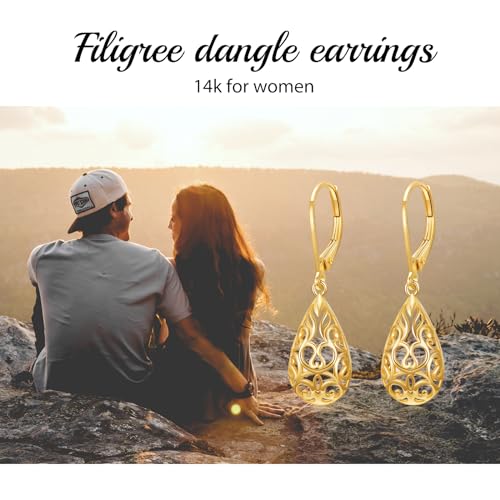 KECHO 14K Solid Yellow Gold Filigree Earrings Teardrop Drop Dangle Leverback Dangling Earrings Jewelry Gift for Women3