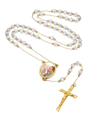 Supcare Cadena Rosario Hombre Mujer con Foto Personalizada Collar Rosario Acero Inoxidable Colgante Cruz Jesucristo Oro 18K Cuentas Blancas Collar Religioso Católico Oración Rezo Misa