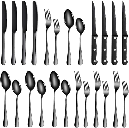 TAN REN 24 pièces couverts de table pour 4 personnes, couvert en acier inoxydable avec couteau à steak, couvert en noir comprenant cuillère, couteau, fourchette, lavable au lave-vaisselle