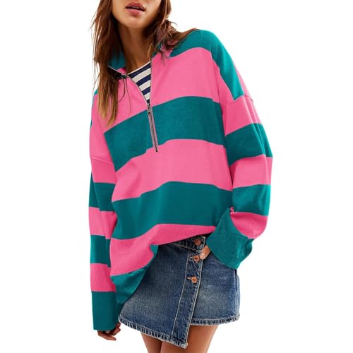 PNZLZIA Oversized Womens Sweaters, Fall 2024 Half Zipper Turtleneck Sweater Long Sleeve Tops, Striped Color Block Pullover (Rose Red,XX-Large)