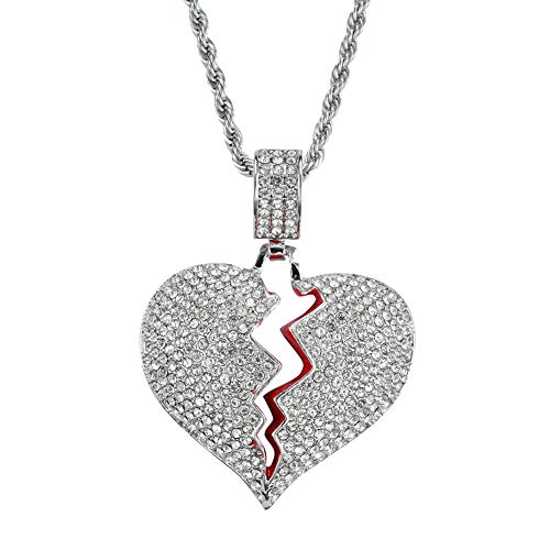 Pamtier Men's Silver Plated Iced Out Full Diamond Broken Heart Pendant Necklace Chain Charming Hip Hop Jewelry #TOP1