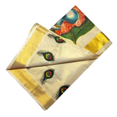 Image of Women's Kerala Kasavu Golden Gold Tissue Saree with Running Blouse Piece | Kerala Onam Saree with Tissue Mural Painted (Saree 5.5 meter, Blouse Piece 0.8 meter)