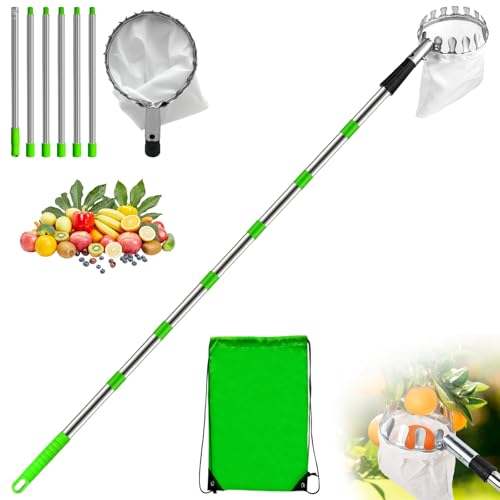 Recoge Frutas Telescópico 2,8 m con Varillas Extensión y Bolsa de Tela, Recogedor de Frutas Acero Inoxidable Ligero, Herramientas Recolectoras Manzanas Ajustable para Naranjas, Cítricos, Cereza, Mango