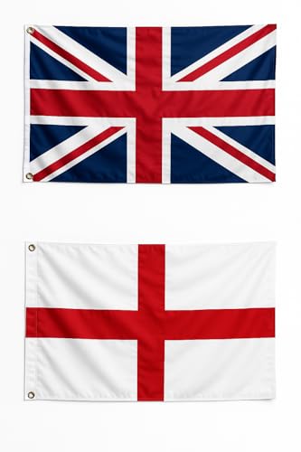 England & Union Jack Flags 5ft x 3ft (150x90cm) British UK National with Eyelets Durable Polyester for Indoor Outdoor Display Sports & Celebrations (St George + Union Jack Bundle (2 Flags))