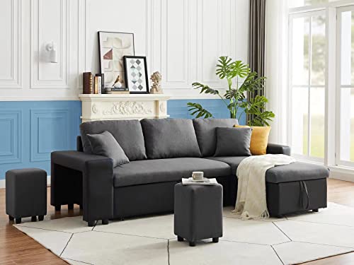Sithas Linen Reversible Sectional Couch Pull Out Sleeper Sofa And Chaise With Storage And 2 Steel Sstools #TOP3
