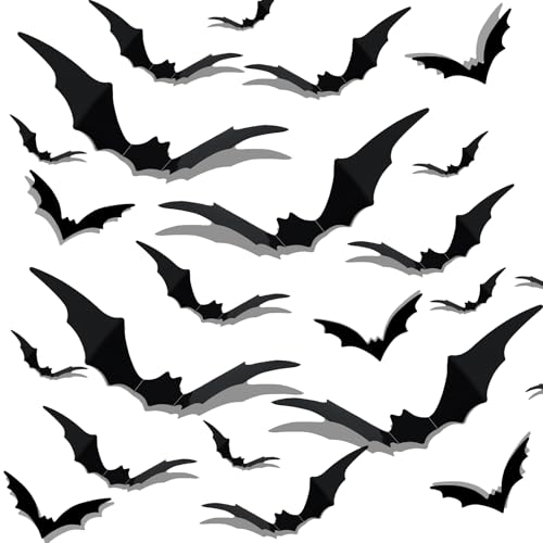 Gucass 48 Stück Halloween Fledermaus Deko, 3D Fledermäuse Halloweendeko PVC Wandaufkleber, Gruseliges Schwarzes Abnehmbares Fledermaus Diy Halloween-Deko Set für Fensterdeko, Tür deko (4 Größen)
