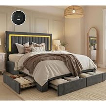 DWVO King Size Bed Frame with Adjustable Headboard, 4 Storage Drawers and RGB LED Lights, Velvet Upholstered Platform Bed with USB Ports, No Box Spring Needed, Fast Assembly, Noise-Free, Dark Grey
