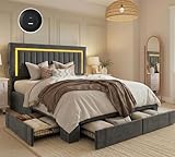 DWVO King Size Bed Frame with Adjustable Headboard, 4 Storage Drawers and RGB LED Lights, Velvet Upholstered Platform Bed with USB Ports, No Box Spring Needed, Fast Assembly, Noise-Free, Dark Grey