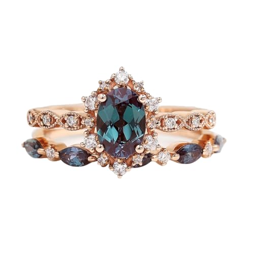 Alexandrite Wedding Ring Set for Women 1CT Alexandrite Bridal Ring Set 925 Sterling Silver 10K 14K 18K Gold Vintage Engagement Ring Set for Wife Bridal with Free Engraving