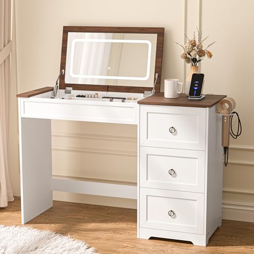 Keonjinn White Flip Top Vanity Desk with Mirror and Lights,