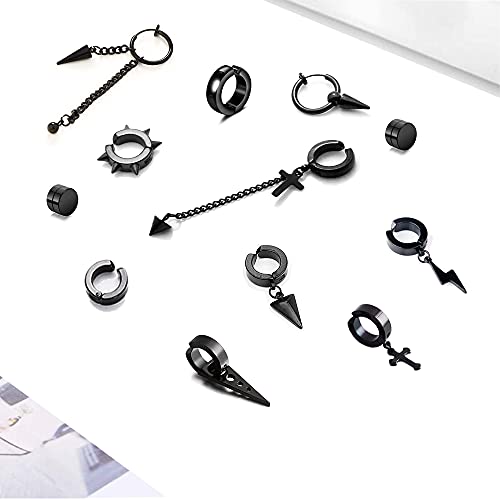 14 Pcs Black Punk Stainless Steel Fake Piercing Spike Rivet Cross Triangle Dangle Tassel Clip On Hoop Earrings Set For Women Men, Non Pierced Fake Stud Earrings (Black-Set A) #TOP1