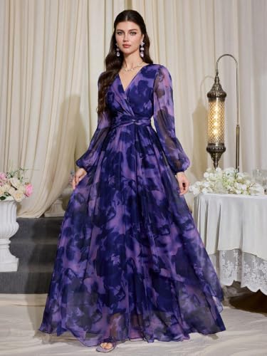 Image of TOLEEN Summer Casual Dresses for Women 2026 Spring Fashion Boho V Neck Long Sleeve Ruffle Floral Print Elegant Maxi Dress