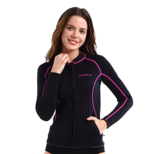 GoldFin Womens Wetsuit Top, 2mm Neoprene Wetsuit Jacket Long Sleeve Wetsuit Tops with Zipper Pockets for Water Aerobics Diving Surfing Swimming (Black, L)