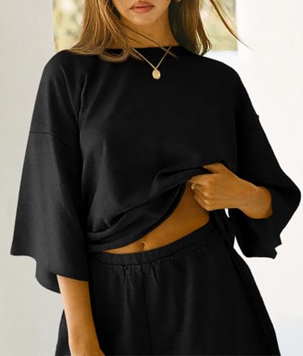 Image of Tankaneo Womens Pajama Sets 3 /4 Sleeve Oversized Tops & Loose Fit Shorts Lounge Set with Pockets Loungewear