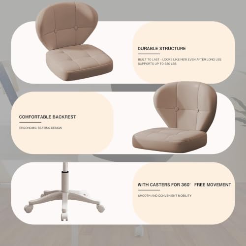 Image of Small Office Chair with Lumbar Support, PU Leather Armless Swivel Desk Chair Adjustable Height, Compact Rolling Chair for Home Office, Bedroom, Study (Khaki)