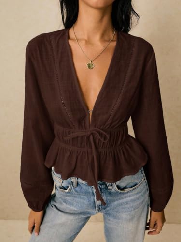 Image of Shasmi Women's Solid Deep V Neck Cotton Long Bishop Sleeve Drawstring Waist Ruffle Hem Peplum Top | Blouse | Casual Boho Cottagecore Shirt for Office, Vacation & Daily (Top 304)