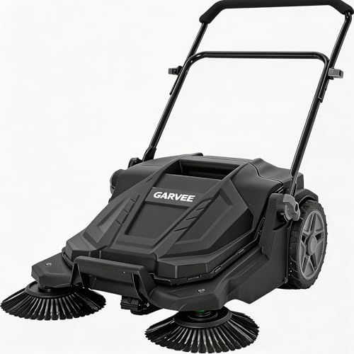 Image of Walk-Behind Hand Push Floor Sweeper, 25.6 Inch Wide Manual Non-Electric Sweeper with 5 Gallon Waste Bin, Adjustable Folding Handle Heavy Duty Yard Sweeper for Garage Patio Walkway Driveway Leaf Debris