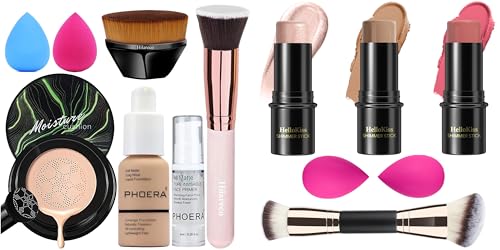 PHOERA Foundation,Mushroom Head Air Cushion CC Cream Natural Foundation,3 Pcs Cream Contour Stick Makeup Kit, Shades with Highlighter Stick, Blush Stick and Bronzer Contour Stick