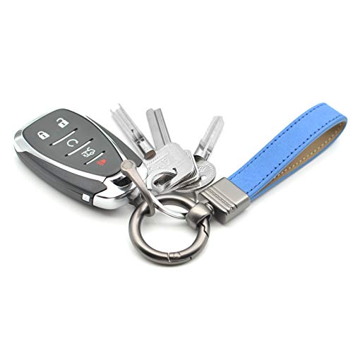 Car Fob Key Chain Genuine Leather Keychains Holder For Men And Women, 360 Degree Rotatable, With Anti-Lost D-Ring, Circle Carabiner And Key Rings, Blue #TOP2