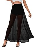 KIFOVEN Women's Sheer Mesh Maxi Skirt High Waist Flowy A Line See Through Long Skirt with Underskirt Solid Black X-Large