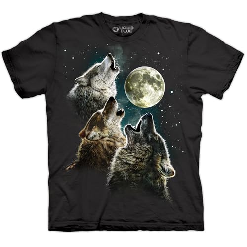 Liquid Blue Three Wolves Howling at the Moon T-Shirt – Funny Graphic Tee | Howling Wolf Pack Shirt for Men, Black LG