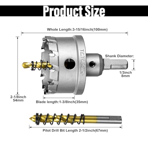 Image of SALI 2-1 /8 inch(54mm) TCT Hole Saw Kit Tungsten Carbide Tipped Hole Saw Drill Bit with Titanium-Plated Pilot Drill bit for Metal, Stainless Steel, Iron, Wood, Plastic 2pcs
