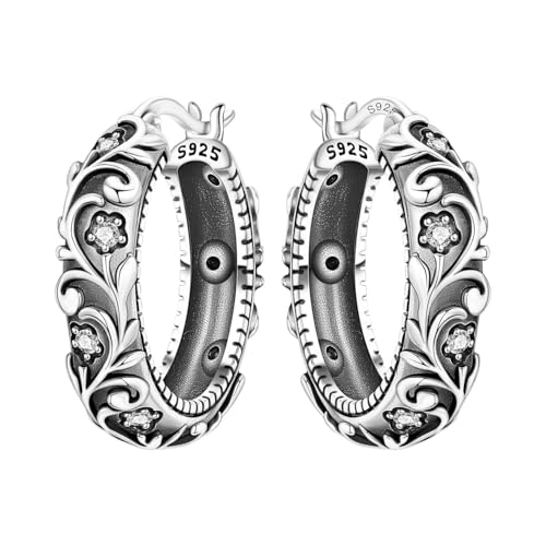 Image of CYMYSS 925 Sterling Silver Hoop Earrings for Women Hypoallergenic Sterling Silver Huggies Earrings for Women (Scrollwork Flowers)