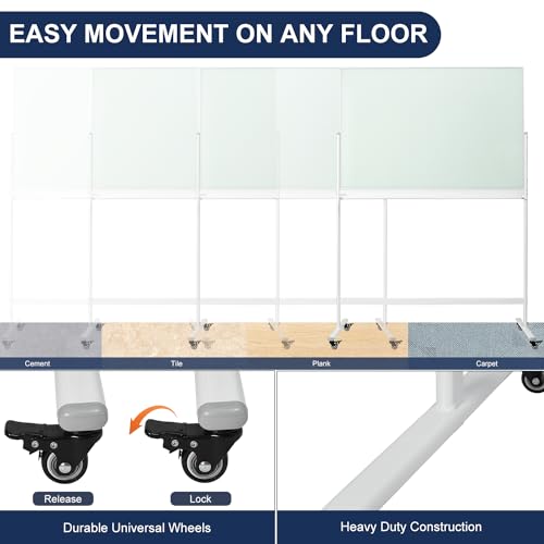 Image of TSJ-OFFICE Rolling Glass Whiteboard on Wheels - 48 inch x 32 inch Magnetic Mobile Dry Erase Board with Stand, Large Rolling White Board with 25 Sheets Paper Pad, Transparent Tempered Glass Board Office, Home