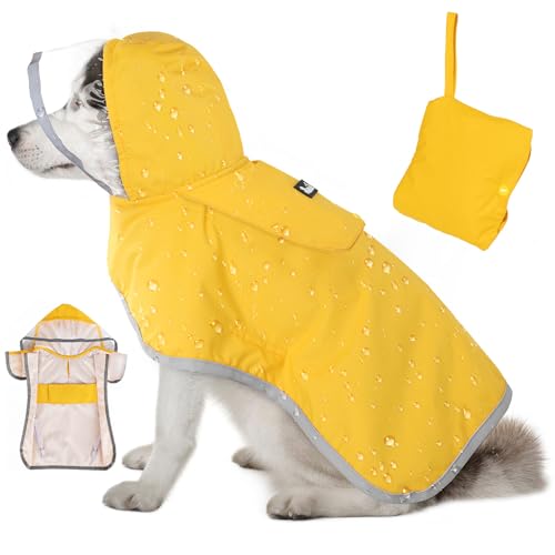 Eyein Wasserdichter Hunderegenmantel, Regenmantel für Mittlerer Hunde mit Kapuze und weichem Futter, Verstellbare Hunderegenjacke mit reflektierenden Streifen, Winddicht und leicht, Gelb, L